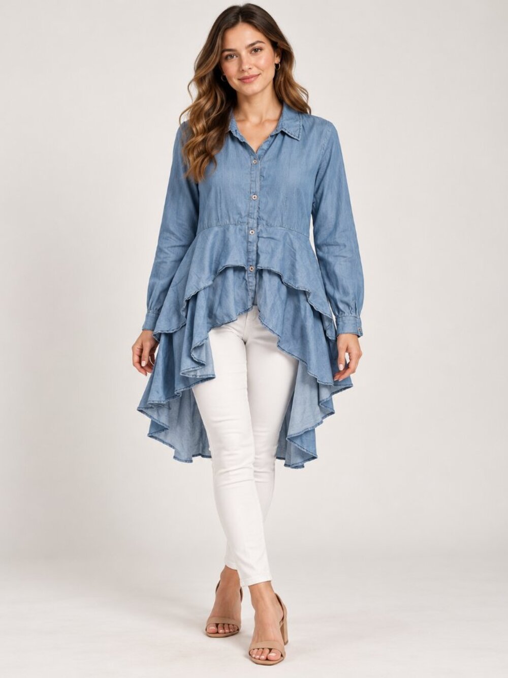 Girl Soul Size Large Blue Chambray Ruffle Peplum Button Down Tunic Shirt